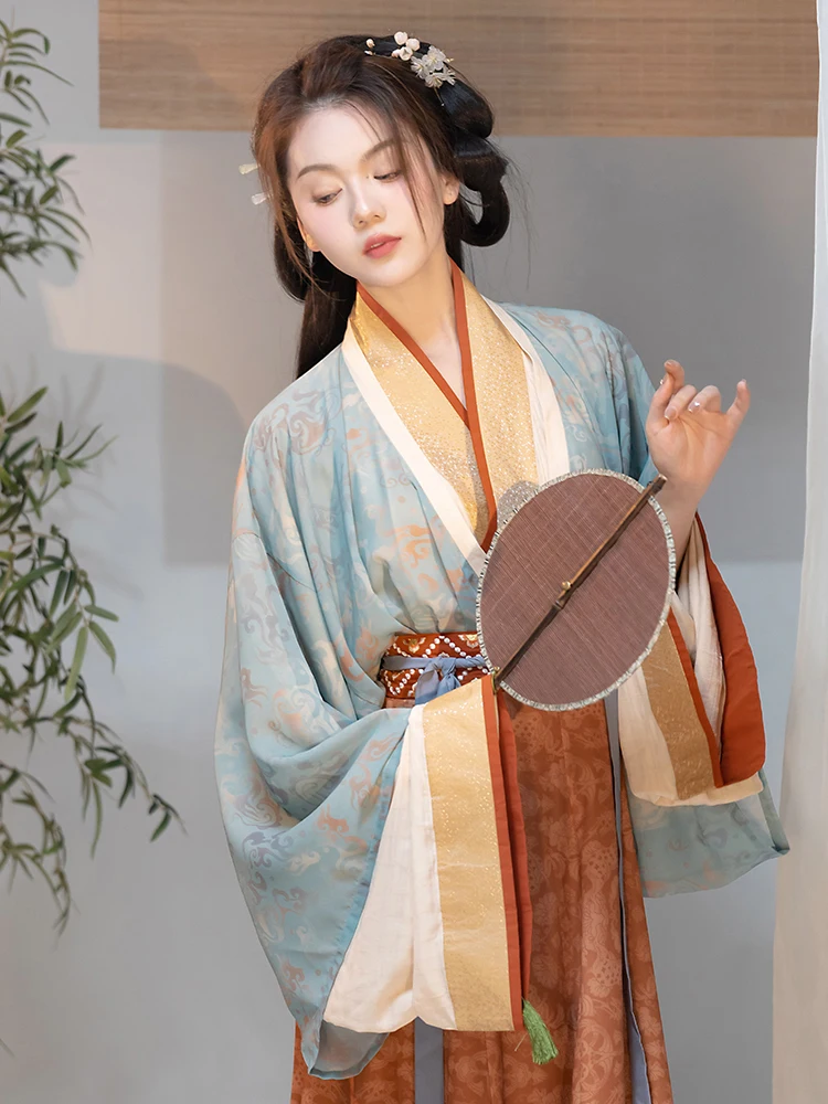 

Весна-лето Hanfu с высоким эффектом похудения, воротник Jin Dynas, пересекающая юбка с цветочным принтом, оптимальный дизайн Qin Lou Ye