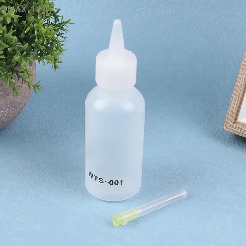 【F2】1 pieza 50ML WTS-001 alcohol líquido plástico con aguja para dispensador de pasta de flux de soldadura para reparación de PCB de teléfono 5
