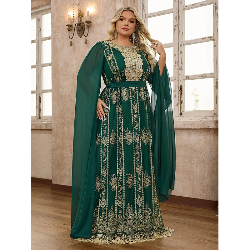 Women 2024 Elegant Muslim Abaya Embroidery Chiffon Islamic Turkey Dubai Kaftan Green Long sleeve Party Maxi Dresses 4XL