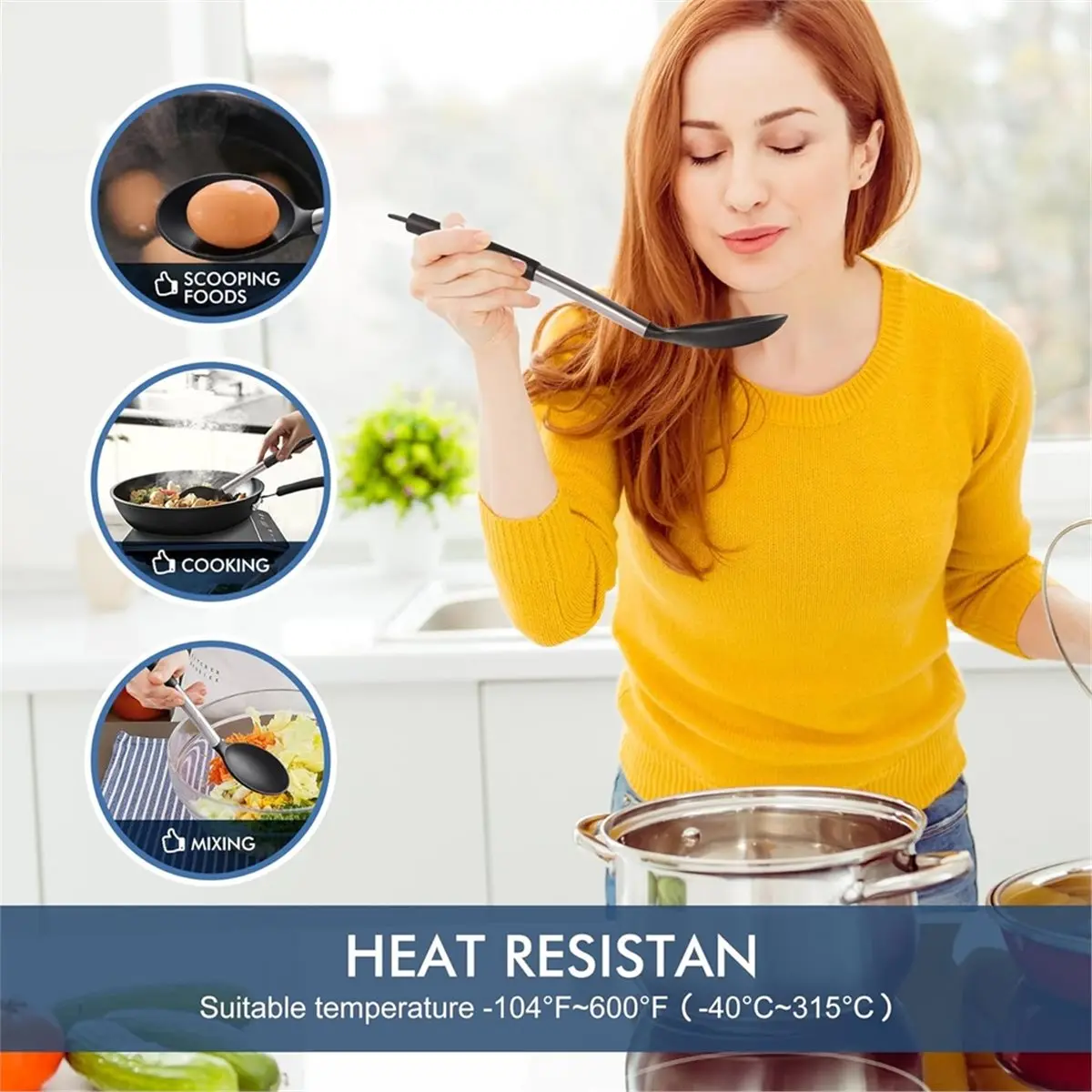 Calor grande conjunto de colher de cozinha de silicone, utensílios de cozinha livres antiaderentes