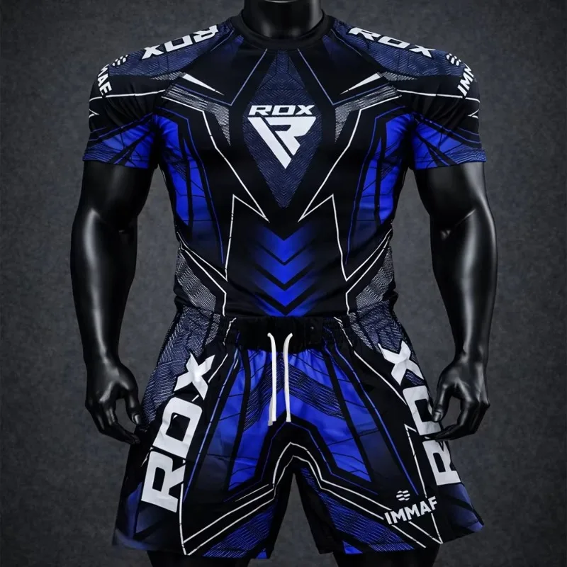 Red New Fighting Night RDX MMA Octagonal Cage Boxing Tshirt Set Men Fitness Training Running Sports Set Breathable quick-dry Set view 2
