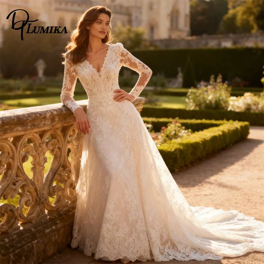 

Elegant V Neck Lace Wedding Dress for Bride 2026 Long Sleeved Customized Womens Bride Dresses Made-to-Order Bridal Gown