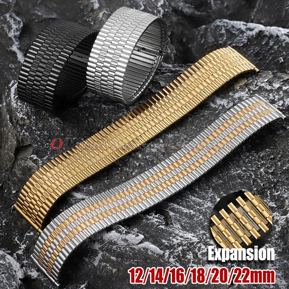Image of 12mm 14mm 16mm 18mm 20mm 22mm Edelstahl Elastisches Uhrenarmband für Seiko Herren Damen Armband Silber Gold Metall Dehnbare Armbänder