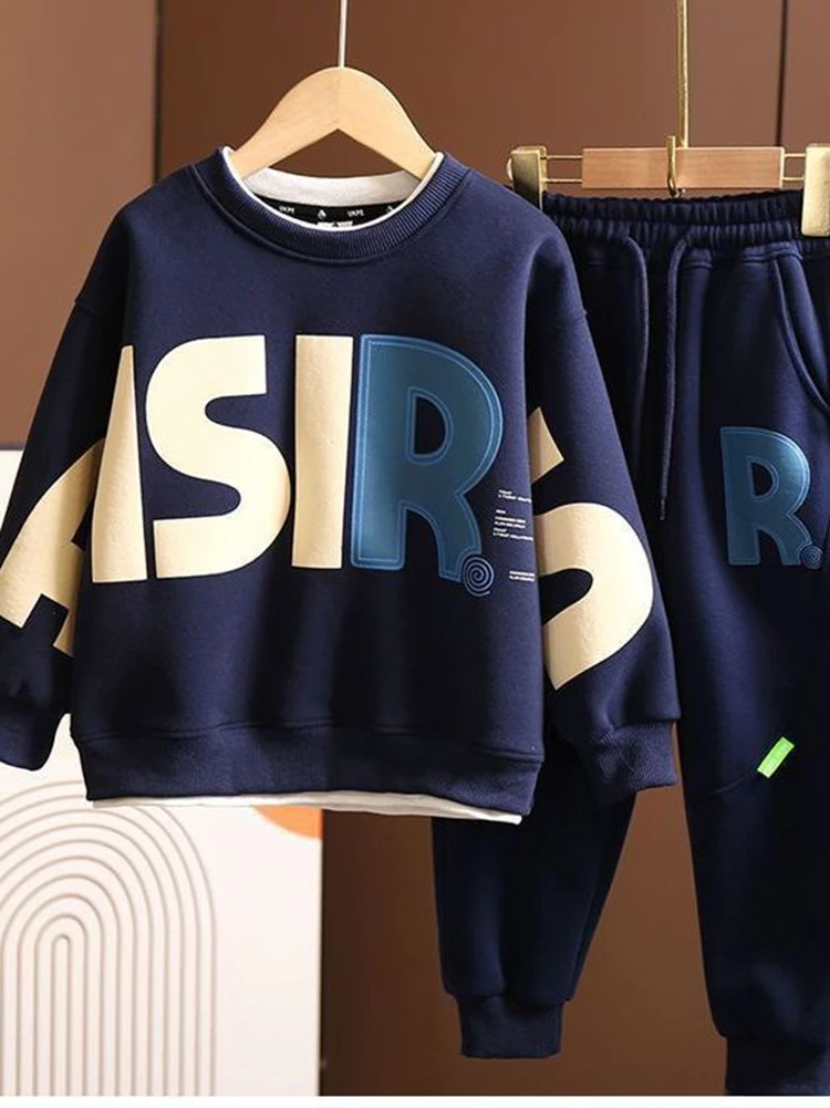 2025 New Autumn Spring Boys Trendy 2pcs Sweaters+Pants Sports Suits 3-14 Years Kids Leisure Loose Outfits Children Clothes Sets