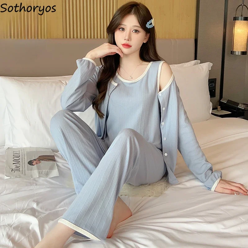 3 Pcs Pajama Sets Women Panelled Sweet Padded Sleepwear Soft Home Casual Ulzzang Tender All-match College Girls Loungewear Daily