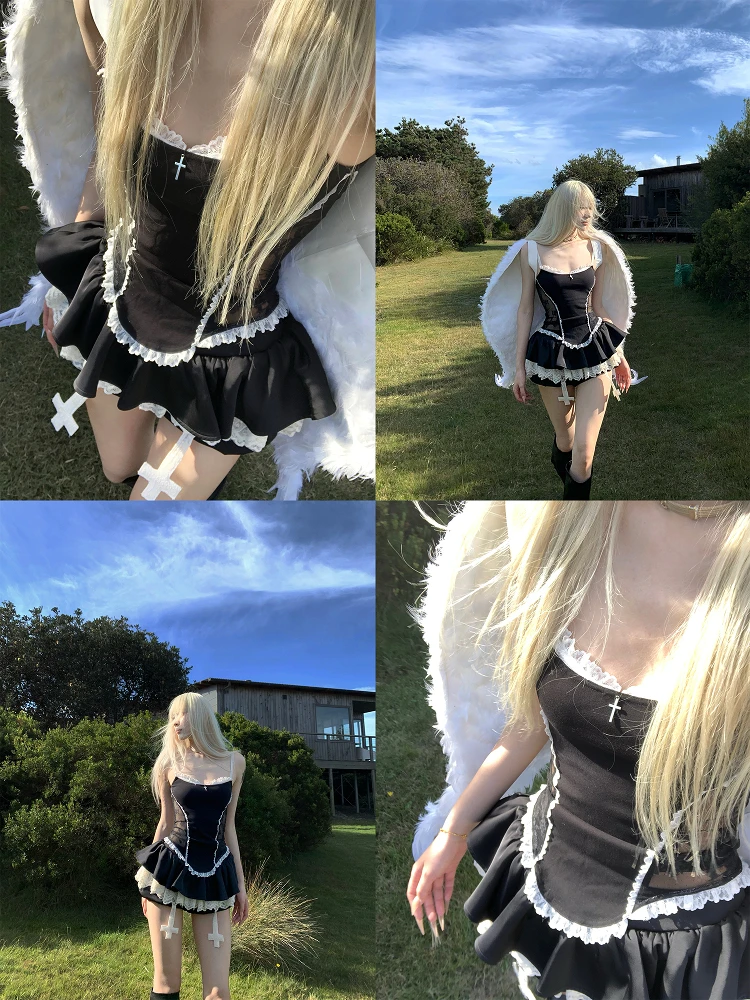 Rase Le sol الأصلي الأسود الدانتيل الصليب التصحيح السباغيتي كعكة تنورة التنانير الصغيرة مثير المدرسة الحلو سليم الساخن الفتيات 2 قطعة مجموعة النساء