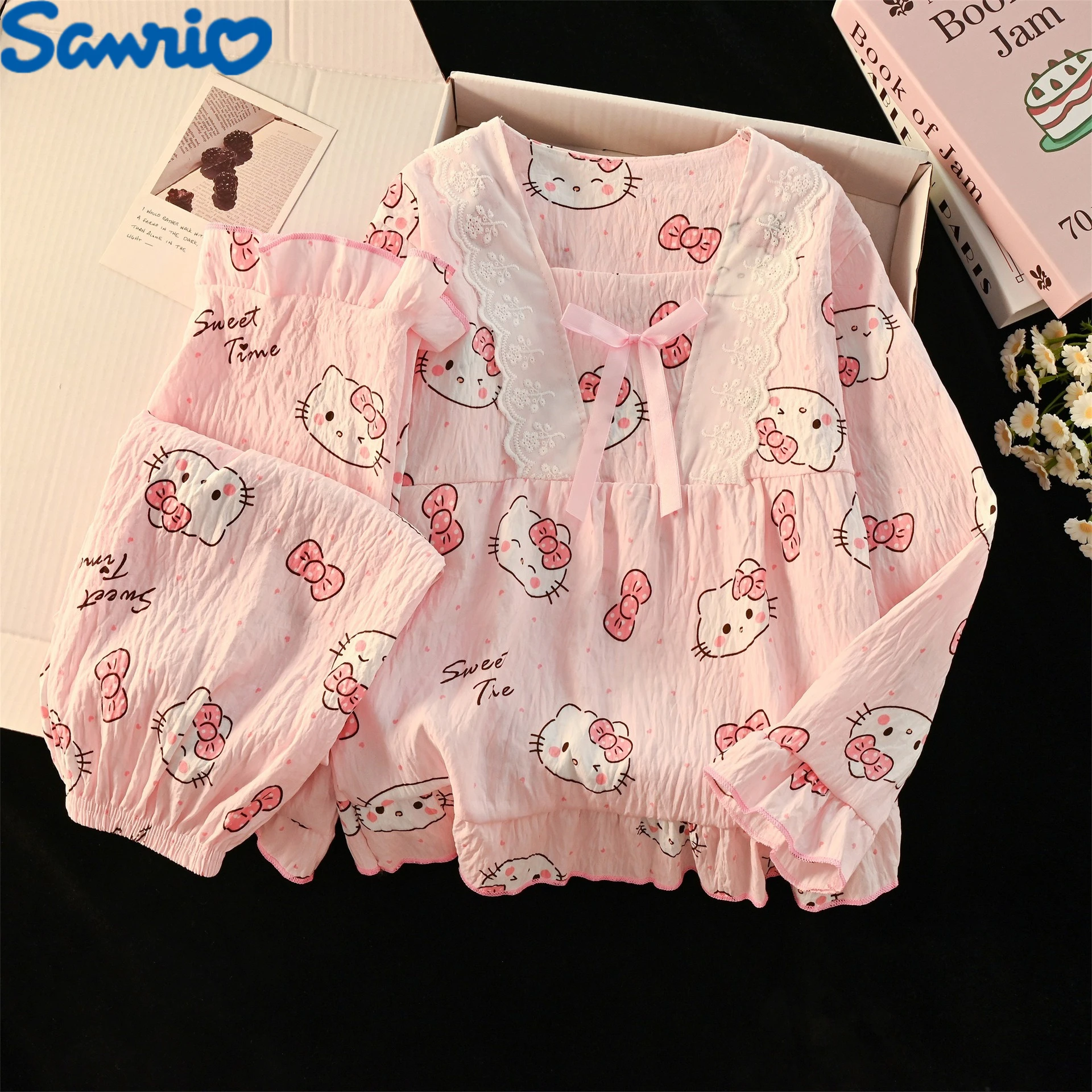 

Kawaii Anime Hello Kitty Children Pajama Sets Cartoon Cotton Lace Collar Long Sleeves T-Shirt Tops Pants Pijamas Homewear Gift