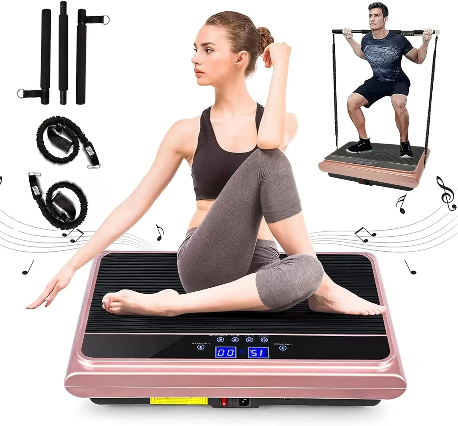 Exercise Machine Whole Body Vibration Platform Machine with Pilates Bar Resistance Bands for Home Fitness Traini