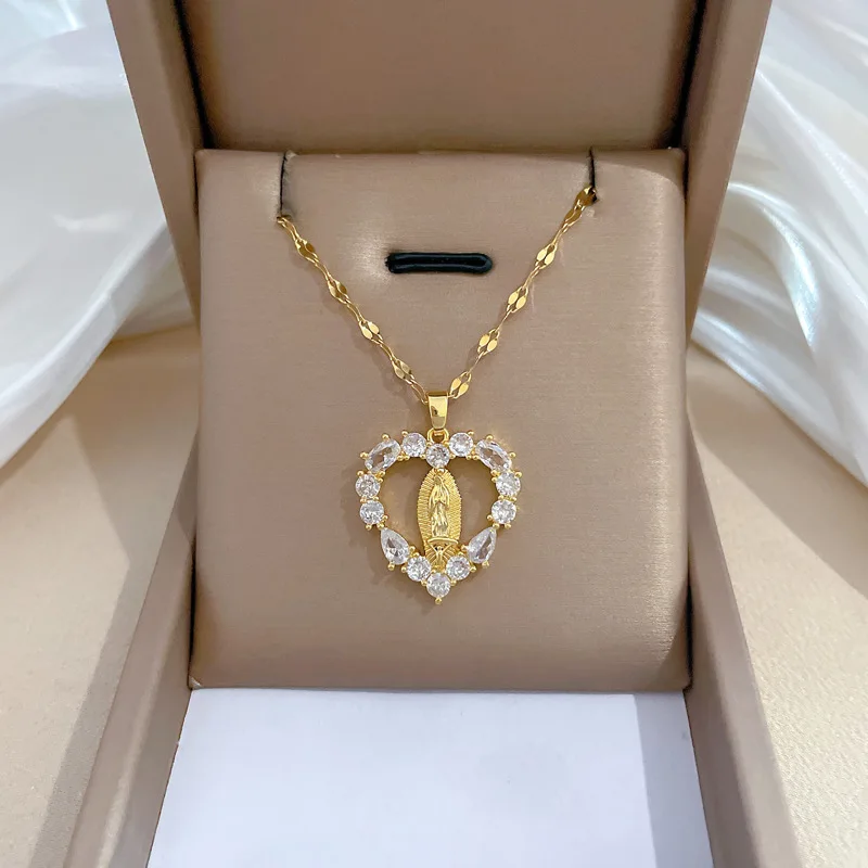 Stainless Steel Chain Religious Zircon Heart Virgin Mary Pendant Necklace for Women Lady Classic Jewelry Accessories Gifts