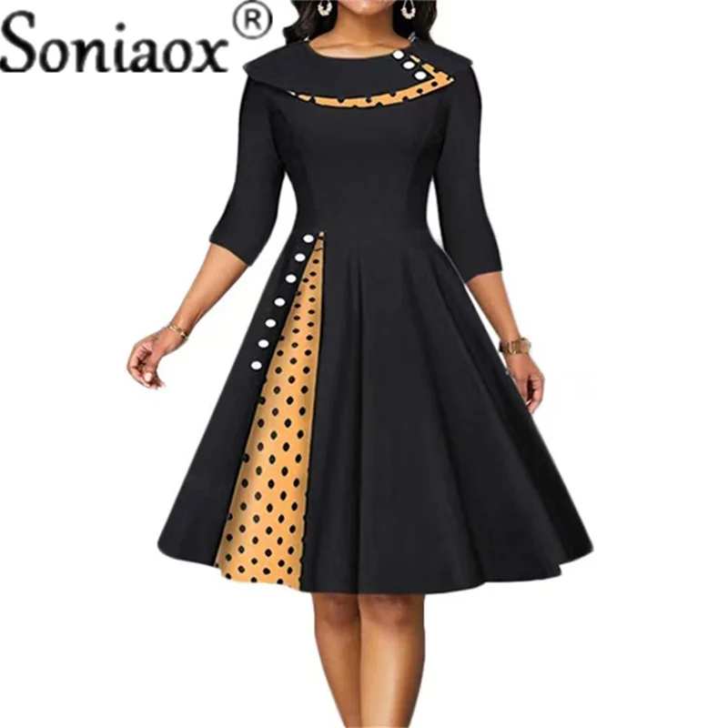 

Women's Temperament Lapel Polka Dot Stitching Dress Long Sleeves Retro Hip-Wrapped A-Line Large Swing Slim Knee-Length Dress