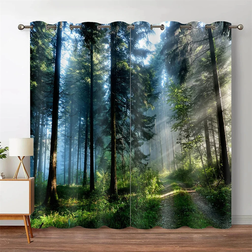 Forest Jungle Tree Natural Scenery Landscape Thin Window Blinds Curtains for Living Room Kitchen Bedroom Waterfall 2Pieces Decor