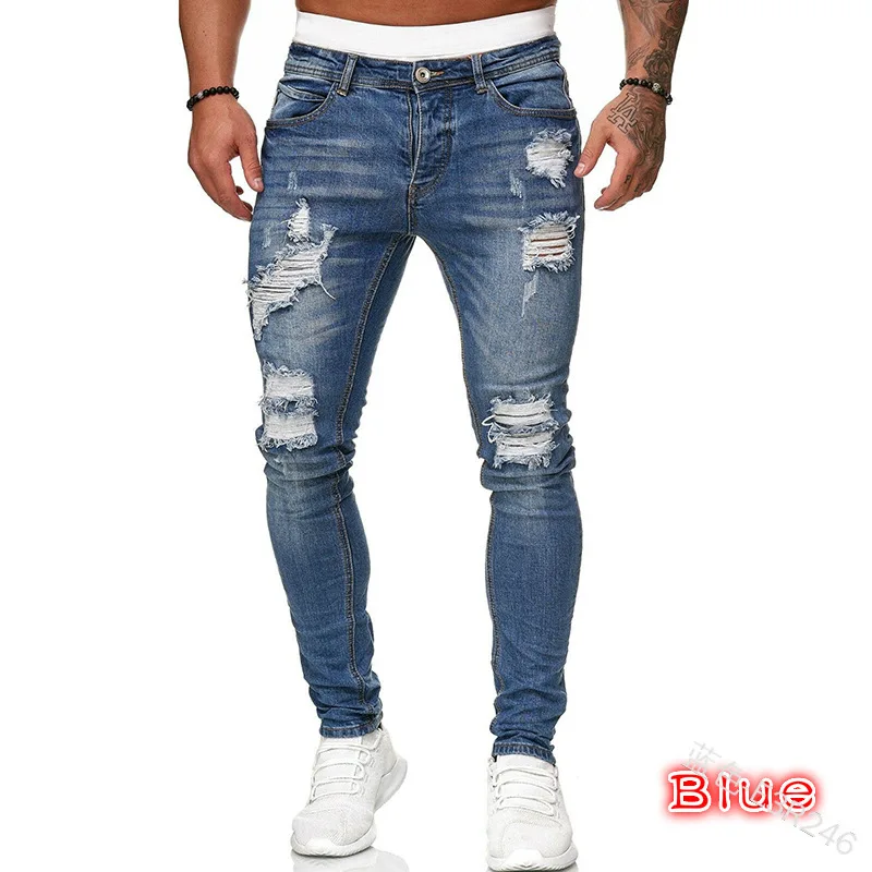 Men's slim stretch jeans Casual fashion ripped men's small feet jeans hip hop style lacquered cover tear personality men's pant