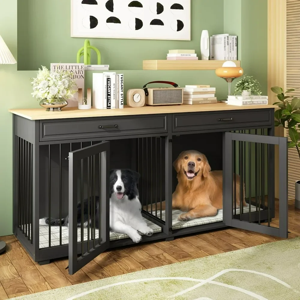 

Dog Crate, Wooden Pet Crate with Divider and 2 Drawers, Heavty Duty Crates for Medium or Large Dogs Indoor, Dog Crate Furniture