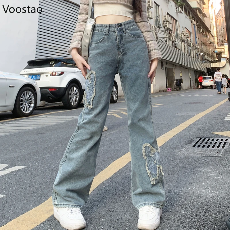 

Vintage Y2k Butterfly Embroidery Blue Jeans Women High Street Loose High Waist Denim Pants Female Casual Streetwear Trousers