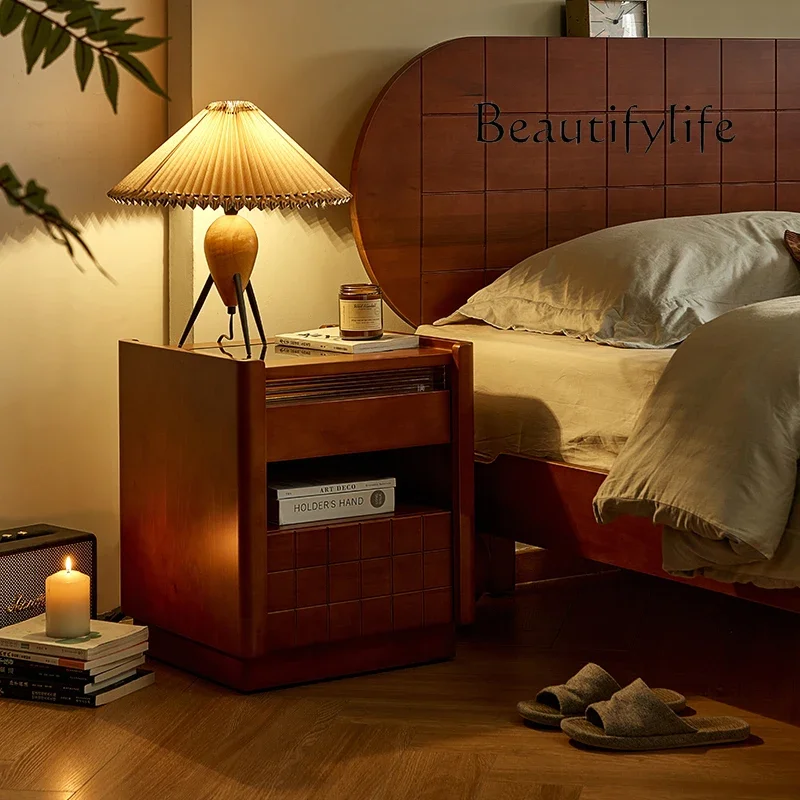 Retro solid wood bedside table light luxury high-end home bedroom storage simple bedside locker