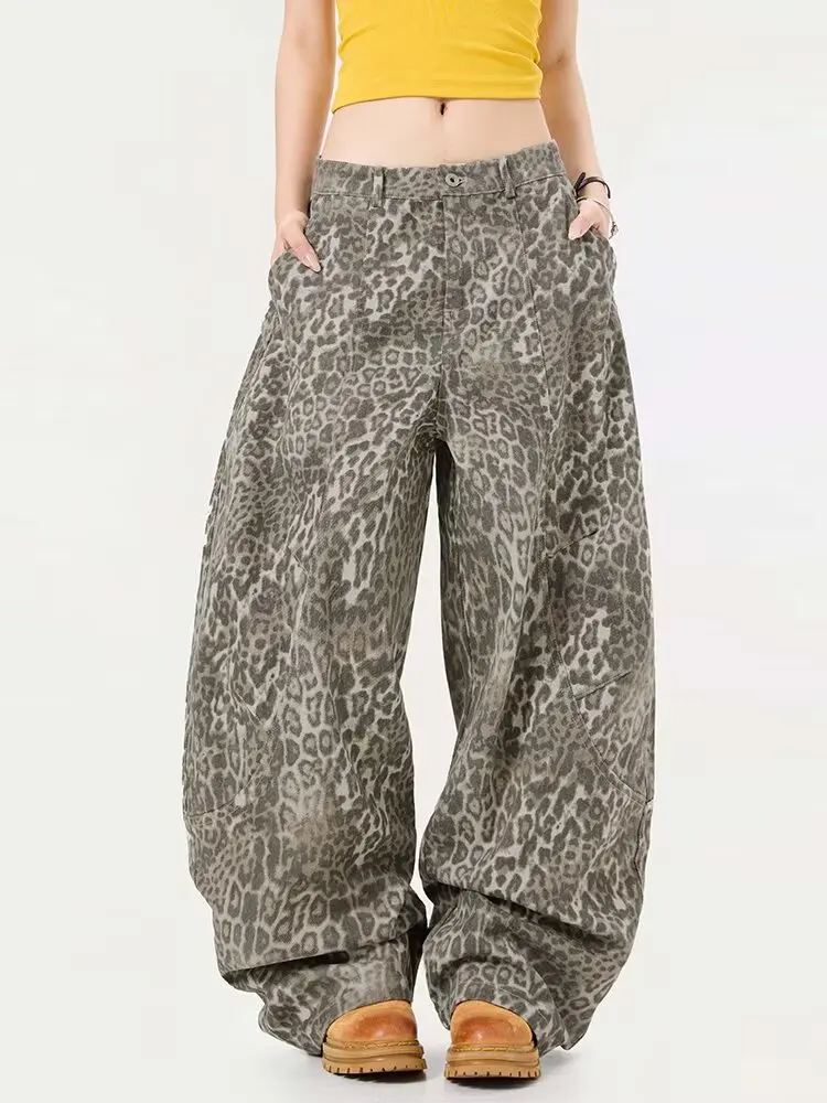 

Новые женские винтажные потертые тонкие джинсы с леопардовым принтом, уличные повседневные джинсовые брюки нейтрального стиля, прямые брюки с высокой талией