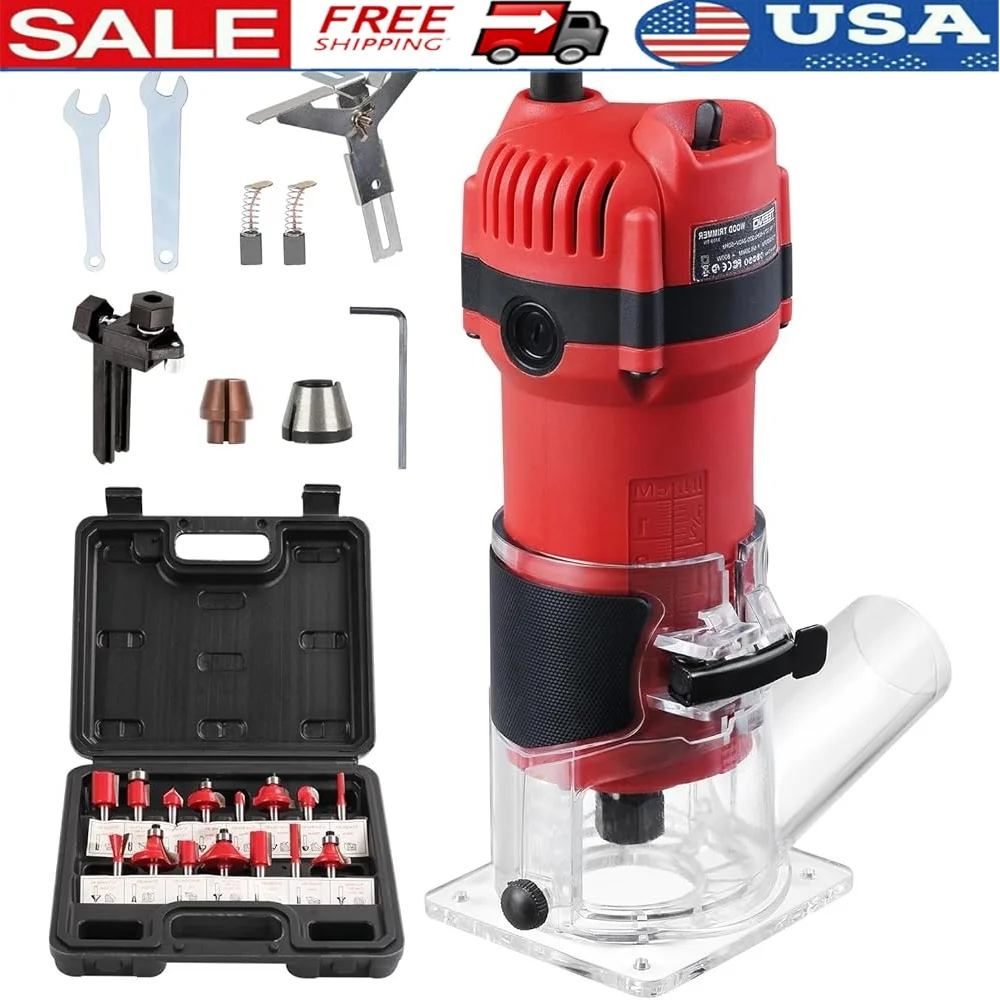 

800W Wood Router Compact Trimmer Tools 31000RPM Handheld Router with 15 Pcs 1/4 Inch Bits Dust Collection Edge Guide