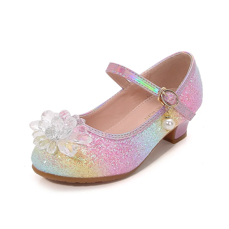 Children\'s High Heels Fashion Diamond Flowers Girls Party Dance Shoes Soft Soled Kids Princess Crystal Glitter Student Bow Shoe