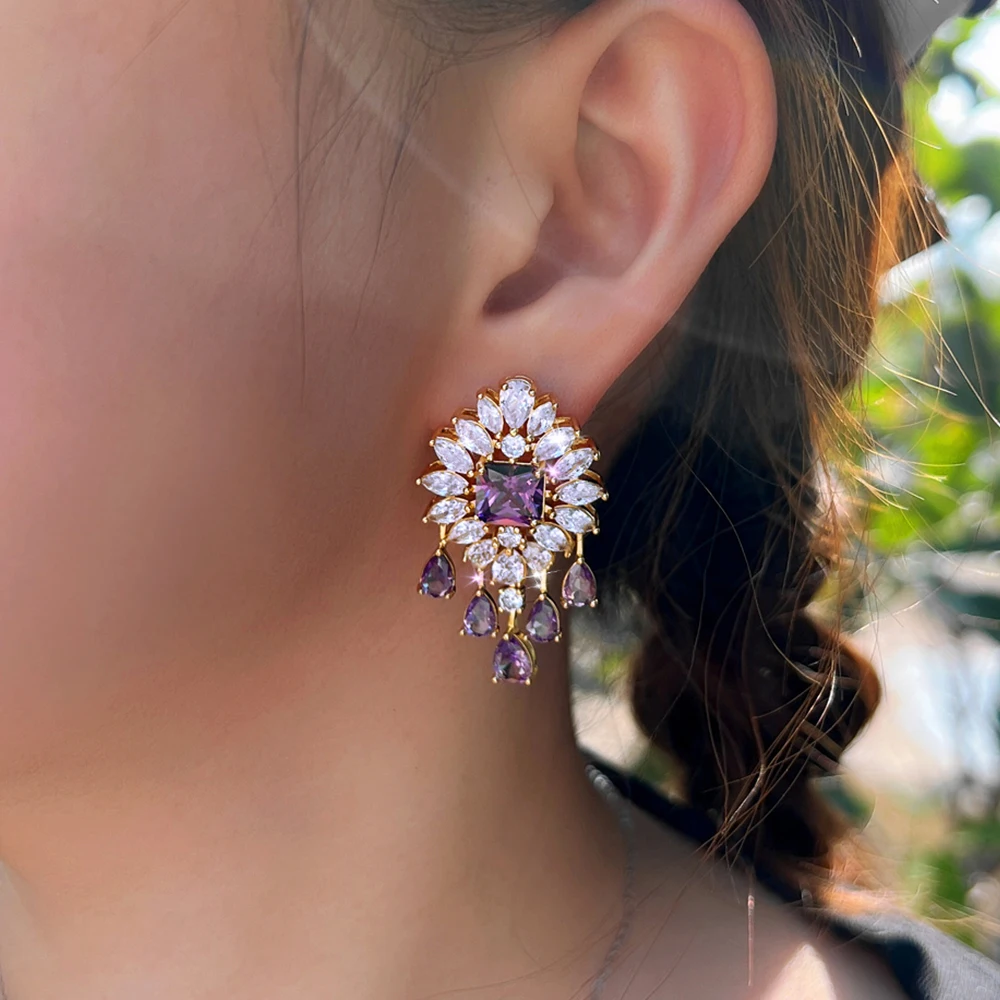 BeaQueen Dazzling Trendy Purple Cubic Zircon Big Flower Water Drop Tassel Earrings for Women Valentine's Day Jewelry Gifts E1162