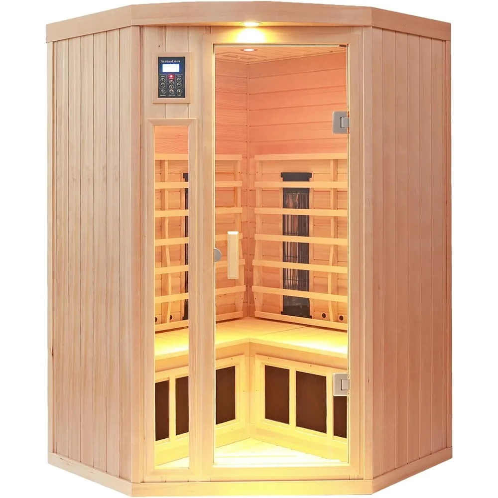 Ceramic Infrared Sauna 2-3 Person Infrared Saunas for Home Low EMF Indoor Home Sauna Spa Hemlock Wooden Corner Sauna Room