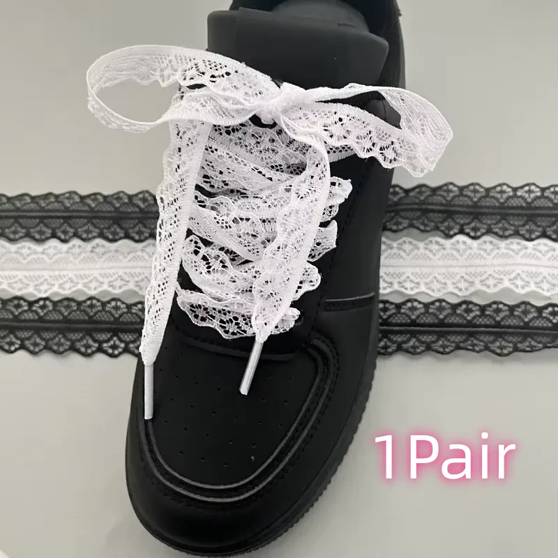 1 Par de Cadarços Planos de Renda Elegantes para Tênis, Cadarços para Sapatos Casuais Femininos, Cadarços Pretos e Brancos, Acessórios para Calçados