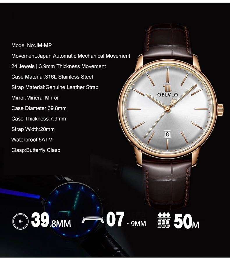 OBLVLO Orologio automatico da uomo 39,8 mm Orologio da polso meccanico vintage ultrasottile 50 m Movimento Miyota con zaffiro impermeabile