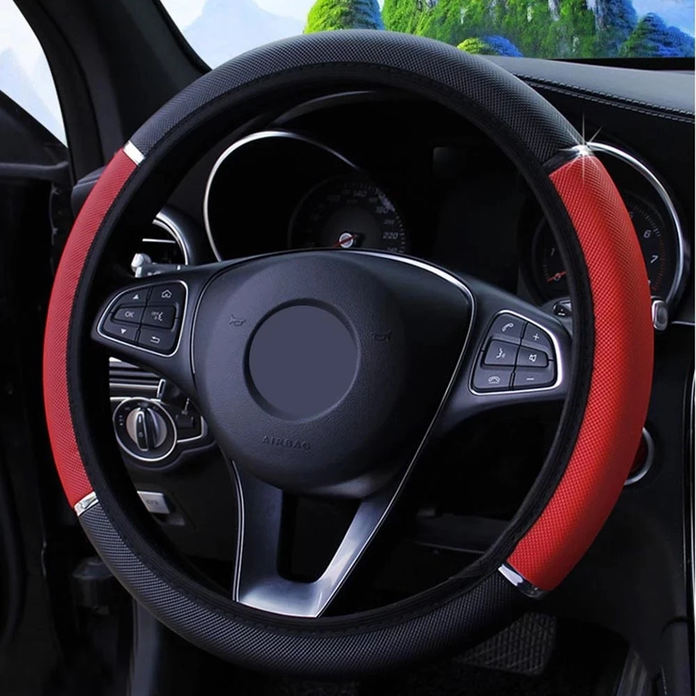 Universal Car Steering Wheel Cover Metal Strip Anti Slip Pattern Faux Leather Covers for 37 - 38cm Diameter Auto Steering Wheel