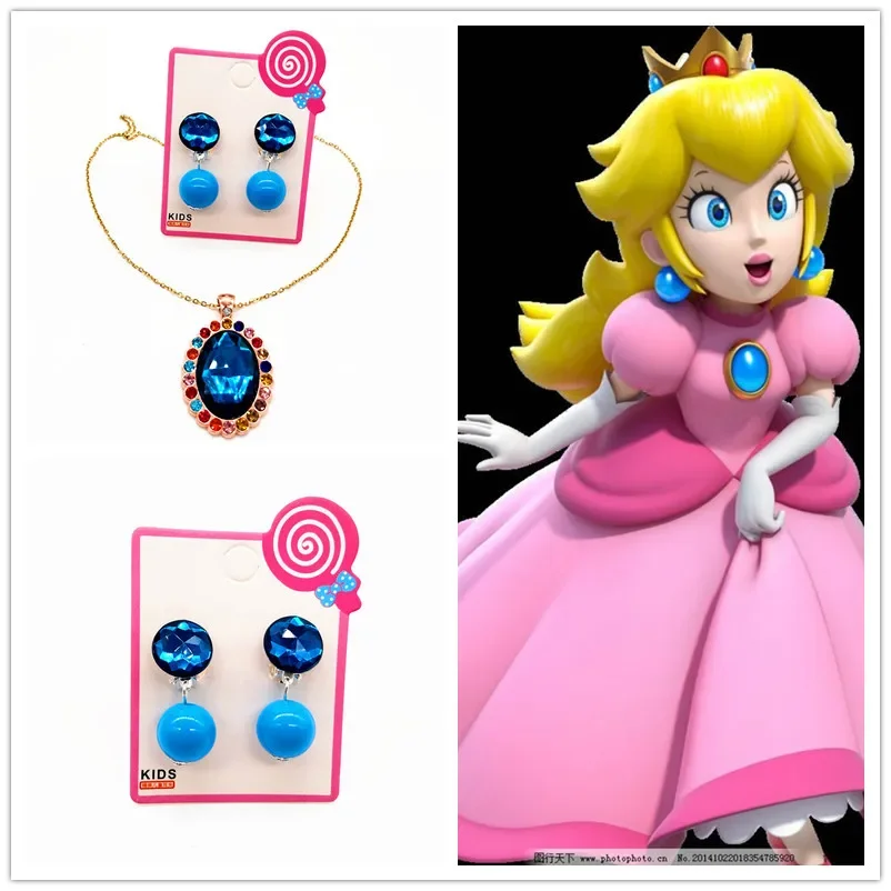 Super Mario Bros Peach Princess Necklaces Girls Cartoon Jewelry Ear Clip Bracelets Baby Earrings Accessories Kids Jewelry Gifts