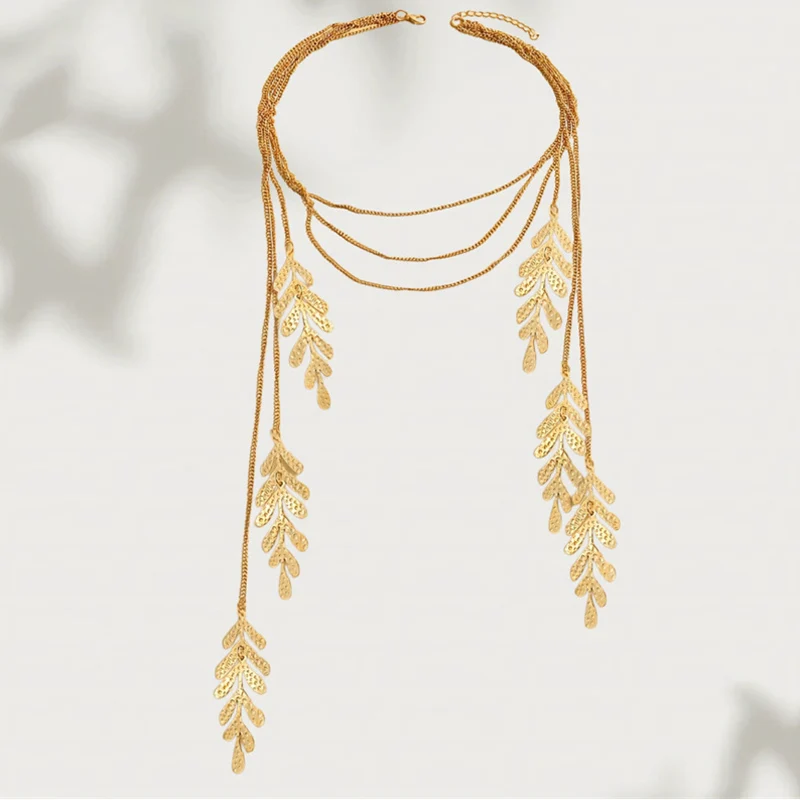 تصميم تحسس الذهب اللون أوراق معدنية طويلة شرابة قلادة للنساء خمر ليف المختنق الصدر سلسلة هدايا مجوهرات الزفاف الطرف