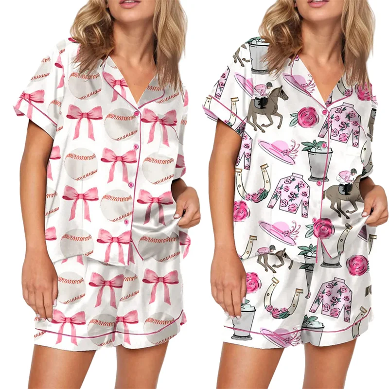 Y2k Bow Baseball Print Satin Pajamas Set Lounge Set 2 Piece Women Casual Outfits Set Button Down Shirt Shorts Set Sleepwear