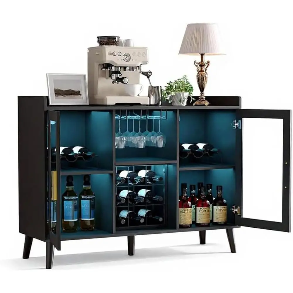 

47 LED-Illuminated Wine Bar Cabinet, Standing Sideboard with Rack & Glass Holder, Multi-Purpose Storage for Dining, Living, Kitc