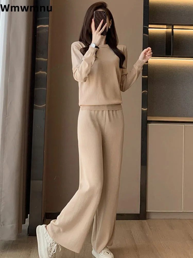 

Вязаный комплект из 2 предметов из ледяного шелка на шнурке, женские повседневные модные мешковатые широкие брюки, ансамбли с круглым вырезом, корейские спортивные Conjuntos