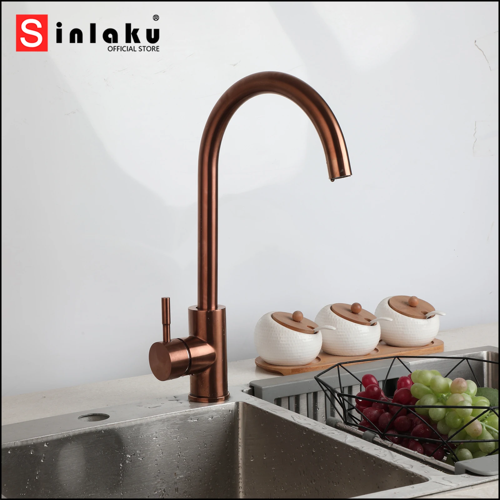 

SINLAKU Kitchen Sink Faucet Red Antique Copper Single Handle Control Deck Mounted Stream Spout Hot Cold Water Mixer Taps Faucets