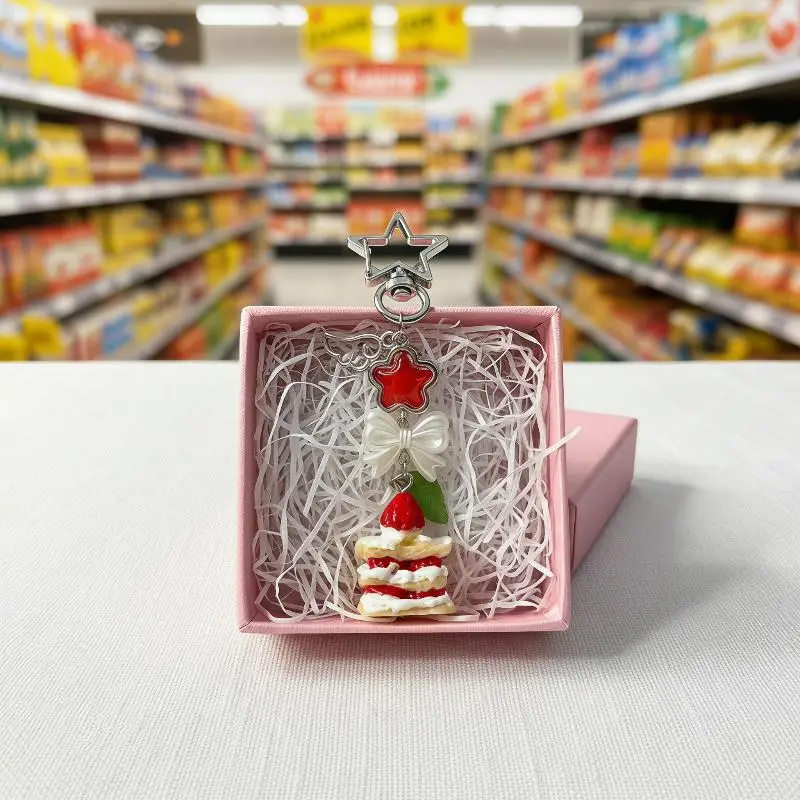Erdbeerkuchen-Schlüsselanhänger, handgemachter Lebensmittel-Anhänger, Schmuck für Frauen, Taschen, Kleidung, Auto-Anhänger, Kettenzubehör, Geschenke für Mädchen – Detail 3
