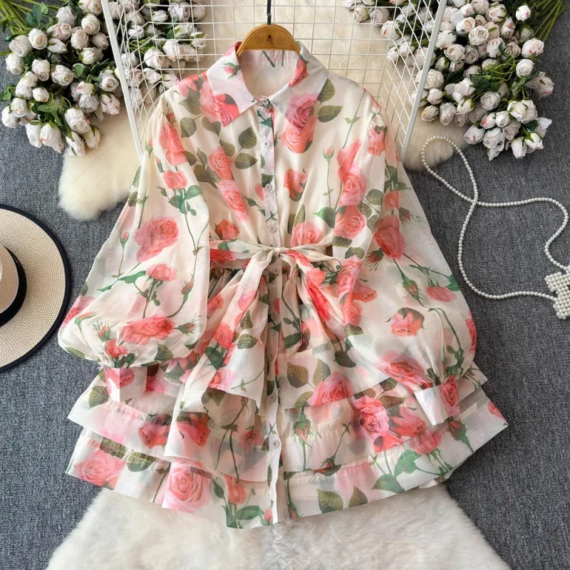 

Французская шнуровка на талии с принтом и рюшами по краям, юбка-тортик, короткая рубашка для женщин, лето 2024, элегантный комбинезон