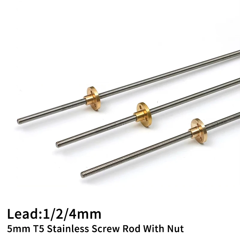 T5 Lead Screw 304 stainless steel Diameter 5mm Pitch 1mm length 100/150/200/250/300/350/400/500/550mm Lead Screw with Brass Nut