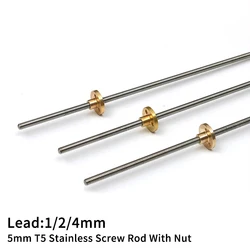 T5 Lead Screw 304 stainless steel Diameter 5mm Pitch 1mm length 100/150/200/250/300/350/400/500/550mm Lead Screw with Brass Nut