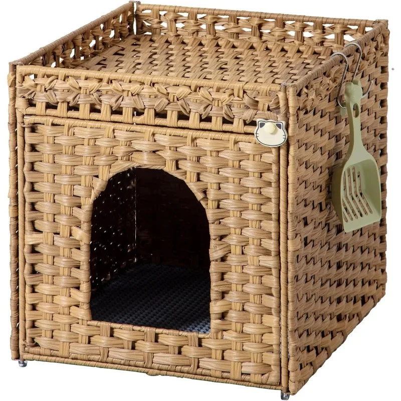 Cat Box Enclosure Furniture, Hidden Box with Mat and Fence, Handwoven Rattan Cat House with Two S-Shaped Hooks For