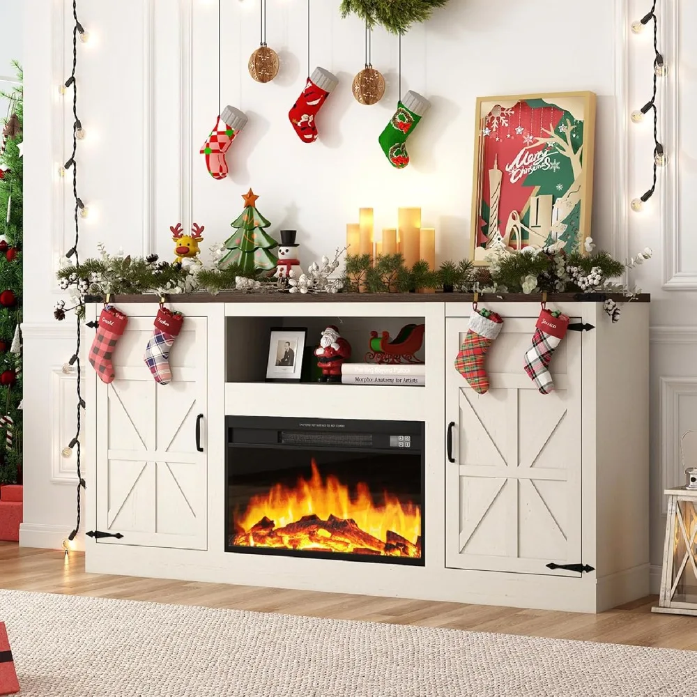 

66" Farmhouse Fireplace TV Stand for 75" TVs, 33.5" Tall Entertainment Center w/26 Electric Fireplace&Storage Adjustable Shelves
