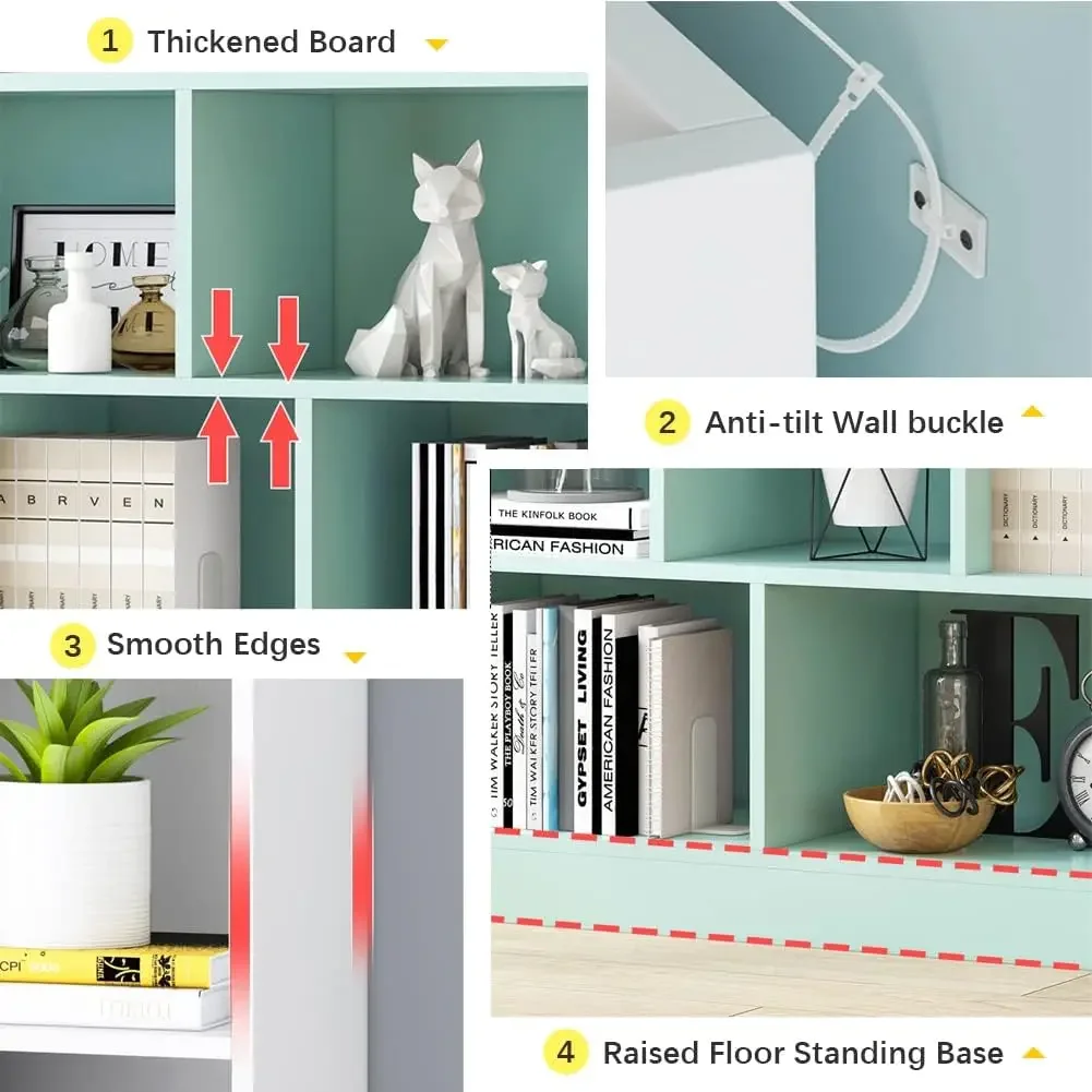 خزانة كتب منخفضة ذات رف مفتوح - منظم خزانة عرض خشبي قائم بـ 3 طبقات مع قاعدة، رف كتب أفقي قصير 10 مكعبات