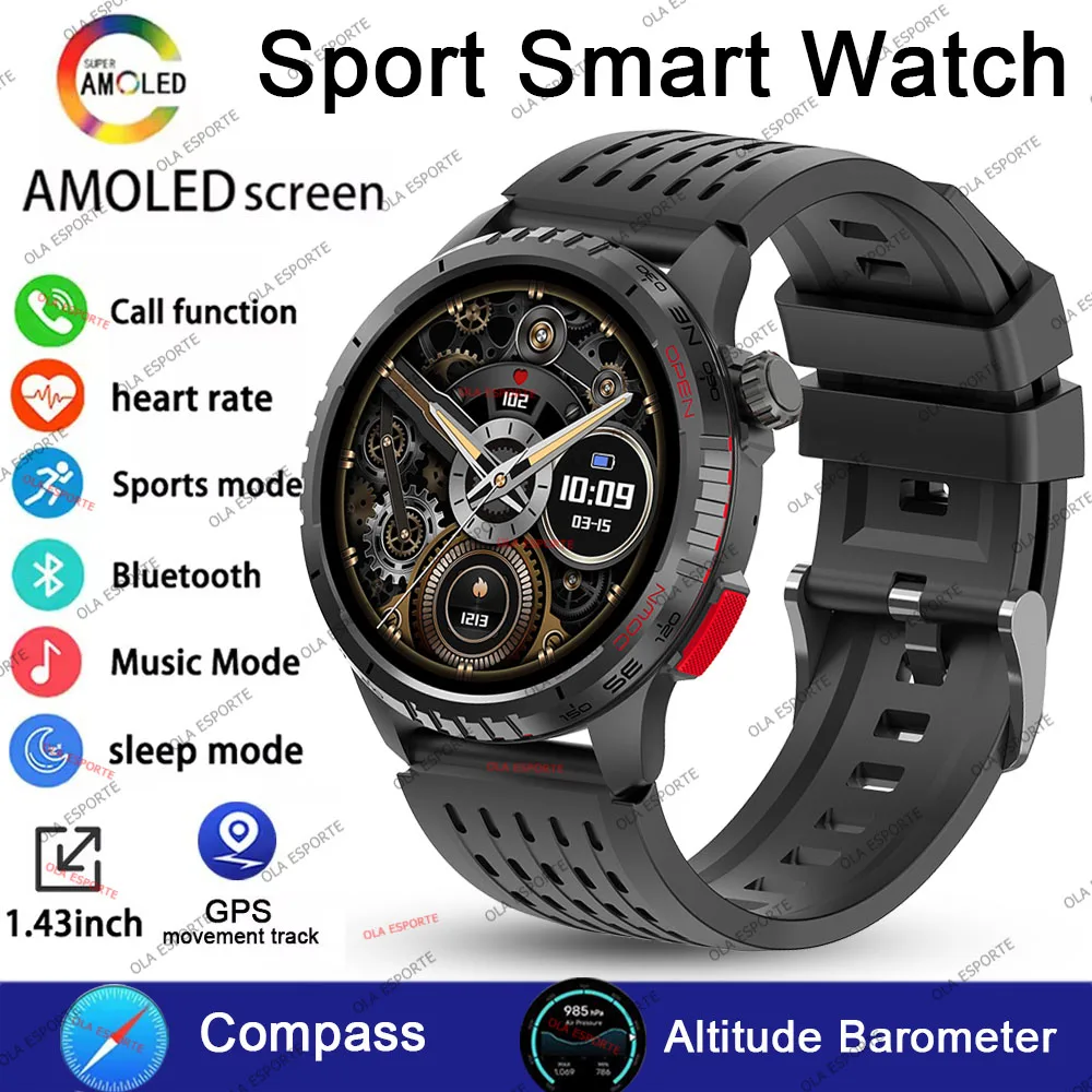 

Уличные умные часы 1,43 AMOLED-дисплей Встроенный компас Барометрический высотомер GPS-трекер движения BT Call Водонепроницаемые умные часы