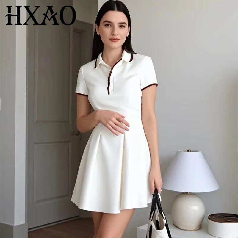 Damenkleider, geripptes Revers, Knöpfe, kurze Kleider, weiß, kurzärmelig, schick, britisches, lässiges Sommer-Minikleid, Straßenparty-Kleider