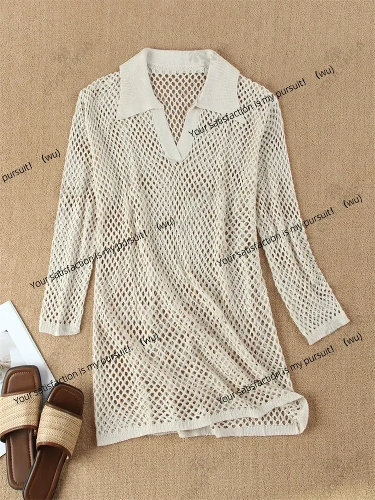 Mini abito da spiaggia in maglia tinta unita da donna, costume da bagno estivo sexy scollato a maniche lunghe, copricostume Boho Holiday, costumi da bagno larghi