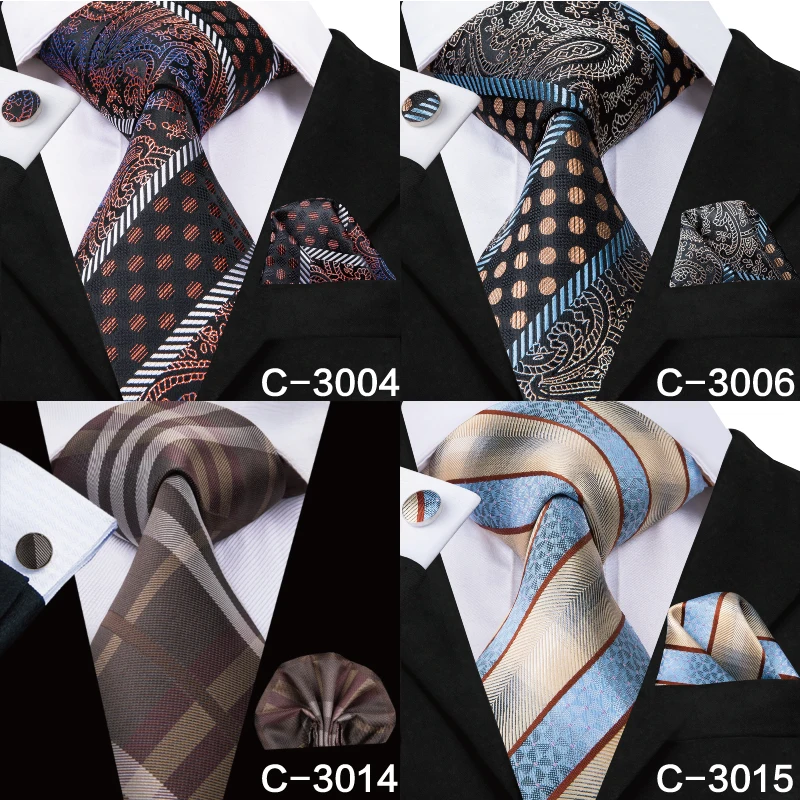 C-3014 Hi-Tie Men Tie Silk Necktie Plaid Brown Ties for Men High Quality Hanky Cufflinks Set Men\'s Wedding Pocket Square Tie Set