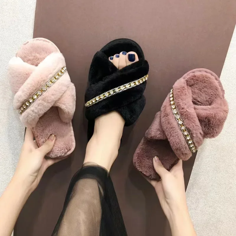 Wholesale Autumn and Winter New Cross Color Chain Bright Diamond Trendy Fashion Indoor Home Non-slip Warm Soft Fluffy Slippers