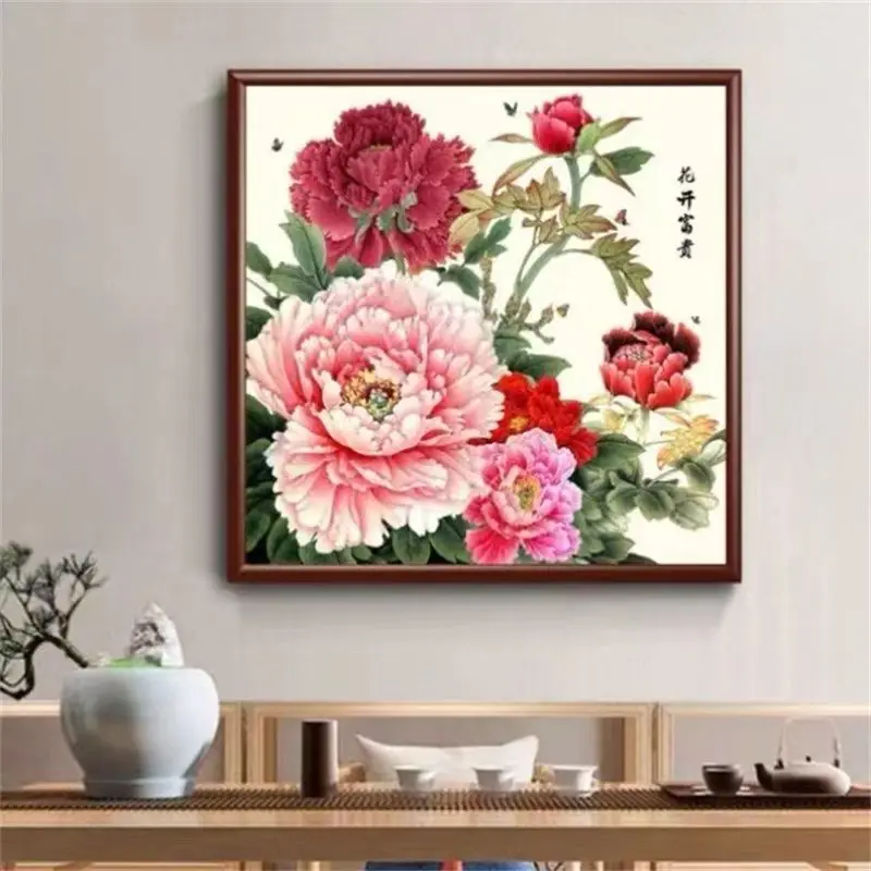 

Handmade cross stitch finished product with blooming flowers, rich and noble peonies, 2024 new living room and bedroom