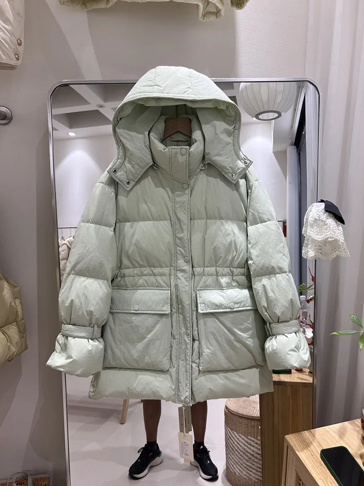Women's middle and long hooded down jacket winter 2025 new fashion design sense big pocket loose white duck down coat