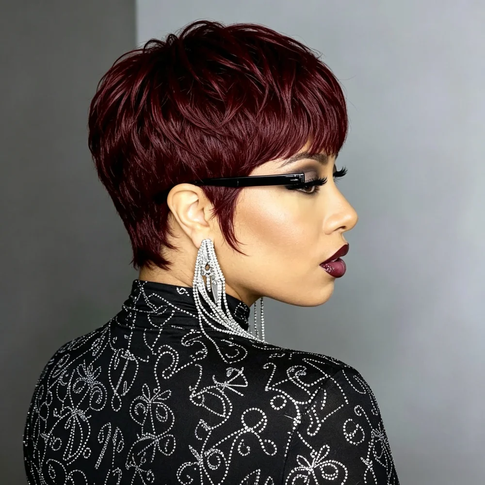 Brown Short Pixie Cut Human Hair Wig With Bangs, Full Machine Made Human Hair Wig,For Women, Natural Looking Short Hair Wig