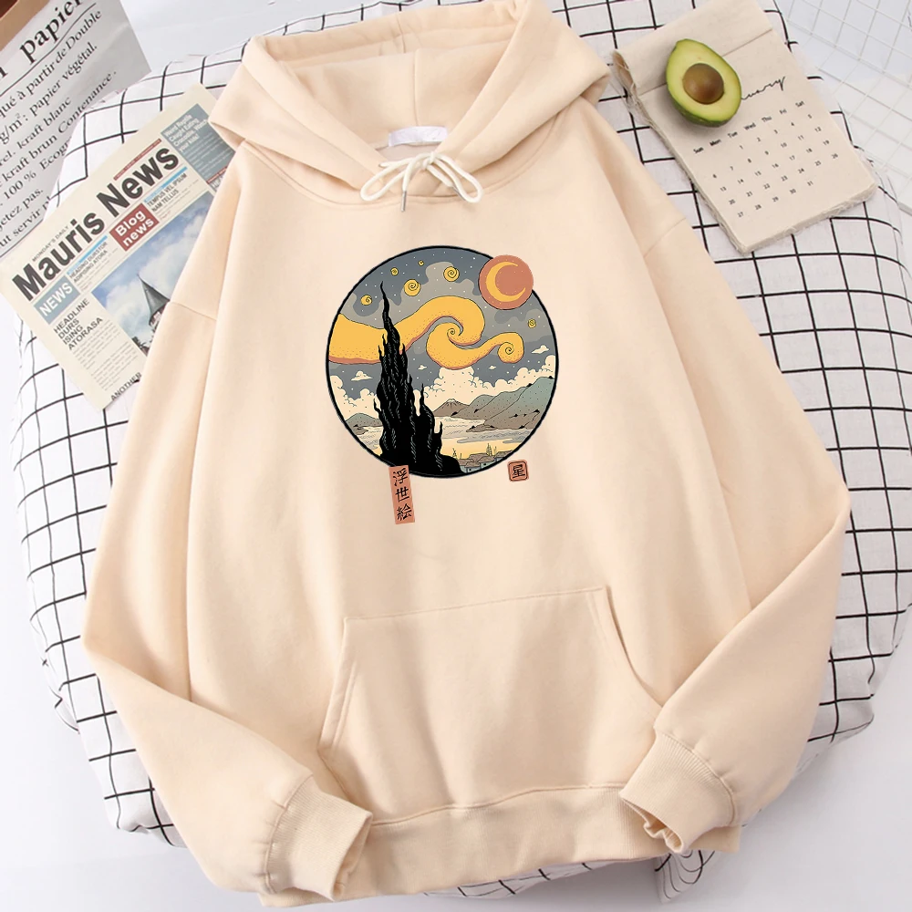 Starry Ukiyo-E Night Printing Hoodie Men Fashion Comfortable Hoody Autumn Fleece Sweatshirt Casual Warm  Pullover Tops