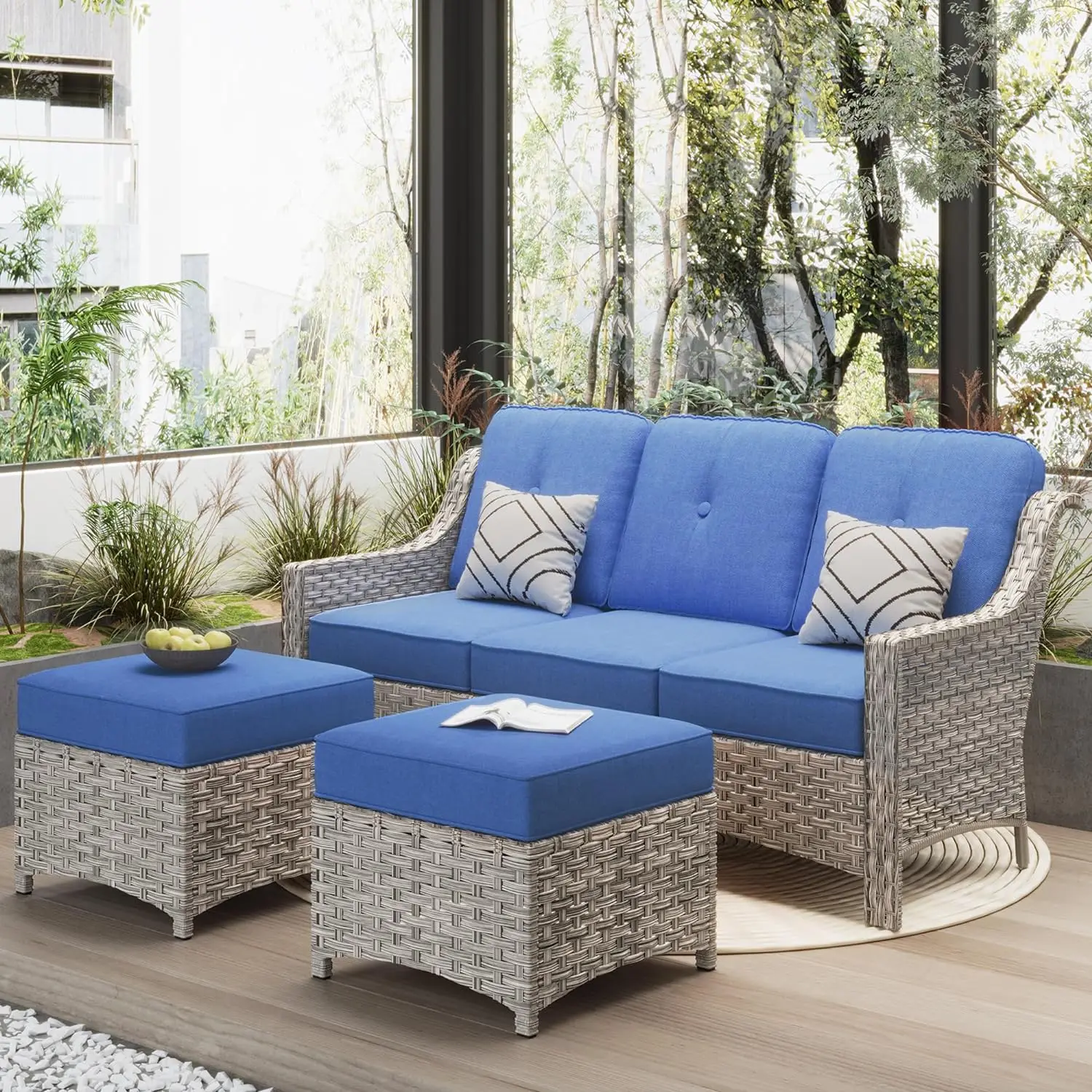 

3 Piece Outdoor Patio Furniture w/ 3 Seat Sofa & Ottoman,Rattan Wicker Coversation Set w/ High Back,Sectional Sofa for Outside